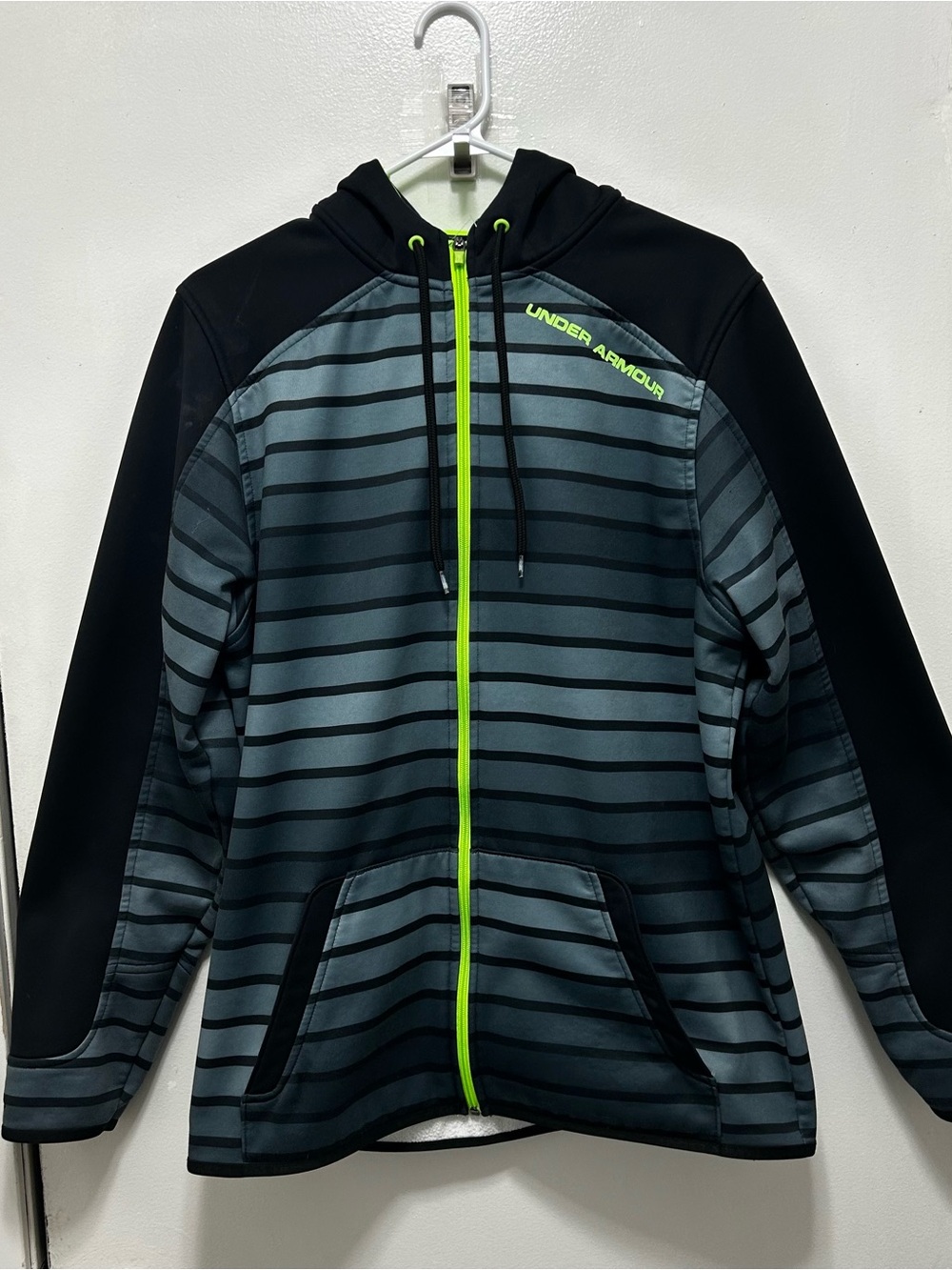 Under Armour Black & Gray Striped Full-Zip Hoodie with Neon Green Trim - Picture 1 of 7